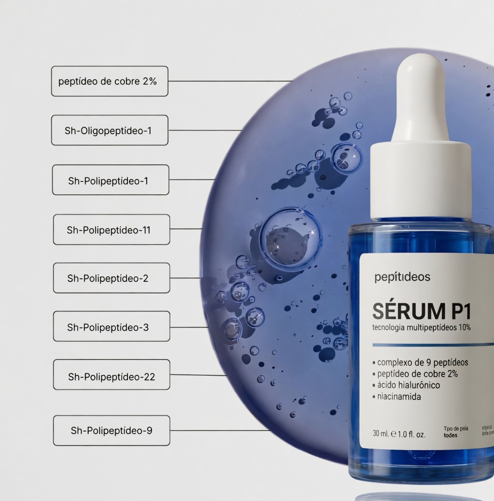 Sérum P1 — diagrama dos 9 peptídeos com a textura do produto